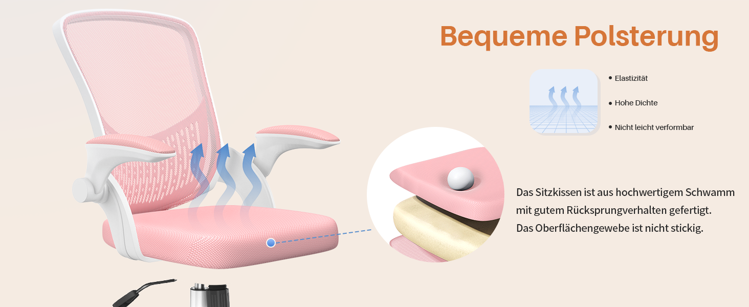 Офісний стіл Naspiro Ergonomischer Bürostuhl з регульованими підлокітниками 90°, підтримкою попереку, дихаючою сіткою та рожевим кольором (без підголівника)
