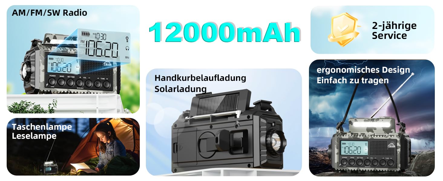 Радіо Roxicosly з ручним приводом, аварійне радіо з Power Bank, AM/FM/SW радіо, радіо з ручним приводом та 5 функціями, світовий приймач, ліхтарик та зарядний пристрій, для відпочинку на природі, кемпінгу та походів (Сірий камуфляж, 12000mAh)