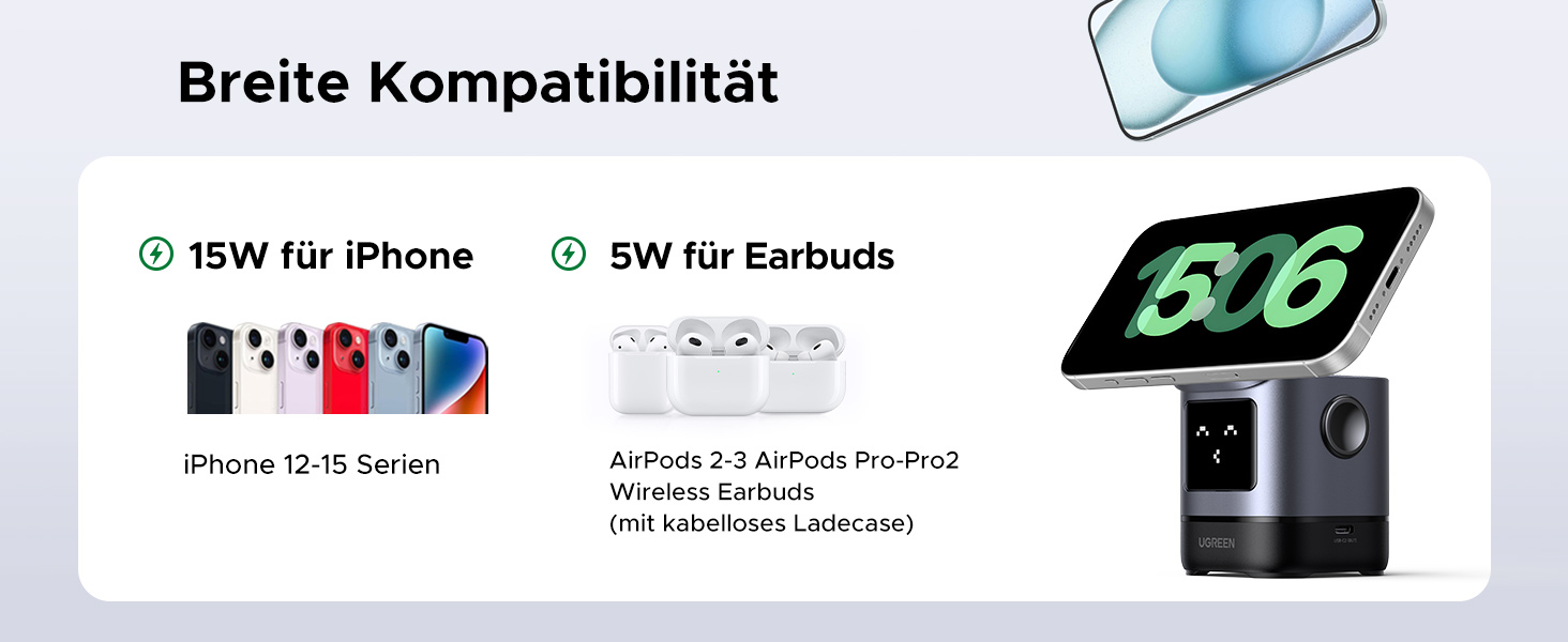 Зарядний станція UGREEN UNO 2-в-1 з сертифікацією Qi2, 15W, сумісна з MagSafe для iPhone 17/16/15/14/13, AirPods 2/3, регульований підставка для зарядки