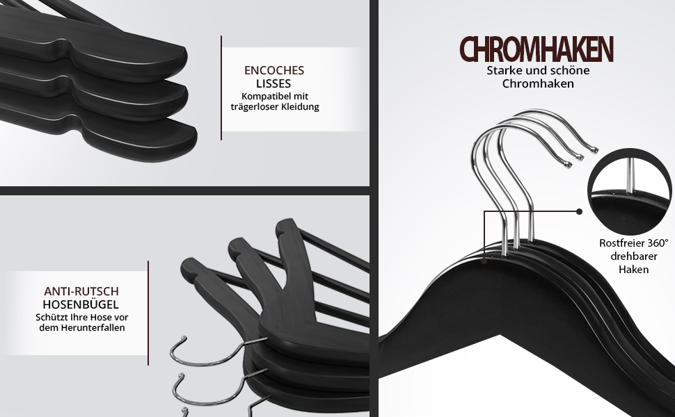 Набір вішалок для одягу Utopia Home 20 шт. з перекладиною для штанів та плечима, чорний