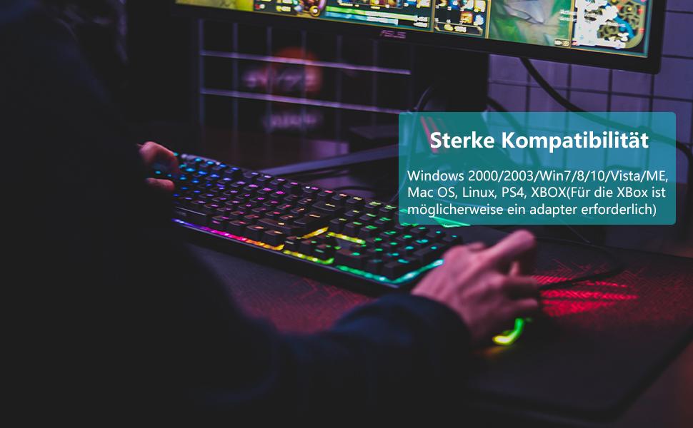 Ігровий комплект клавіатури та миші з адаптером, QWERTZ, підсвічування, 6 клавіш, миша 2400 DPI, килимок для миші, USB, ергономічний дизайн, сумісний з PS4, Xbox, Switch, чорний