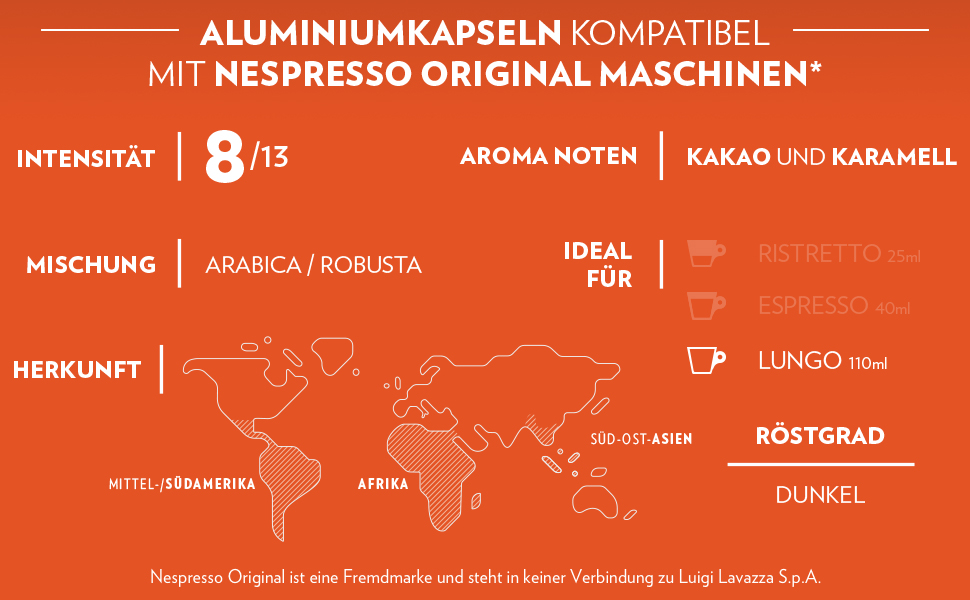 Кава в капсулах Lavazza Espresso Maestro Lungo Intenso для Nespresso Original, 100 шт, нотки какао та карамелі, інтенсивність 8/13