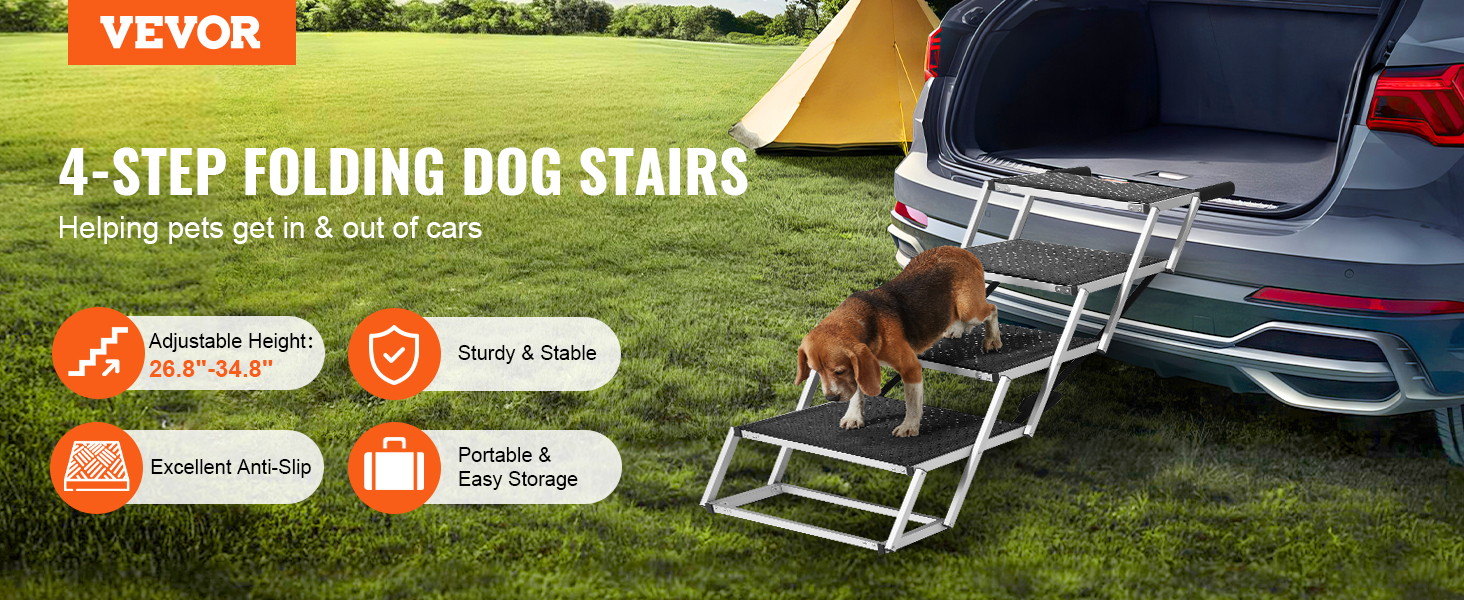 Сходинка для собак VEVOR у автомобіль: 5 сходинок, широка, складна, з антиковзким покриттям, з легкого алюмінію, для авто, SUV та вантажівок (68-88 см)