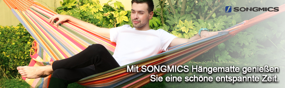 Гамак SONGMICS для двох, 210x150 см, до 300 кг, райдужний - для тераси, балкона, відпочинку на природі (з сумкою, ременями та карабінами)