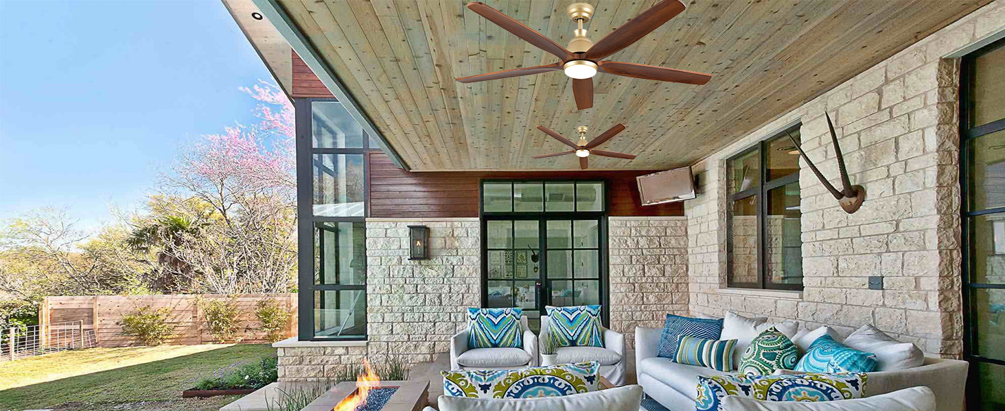 Дзеркальний вентилятор для стелі з дерева, без освітлення, з пультом керування, тихий, для вологого приміщення, 132 см (52 дюйми), коричневий, 5 лопатей