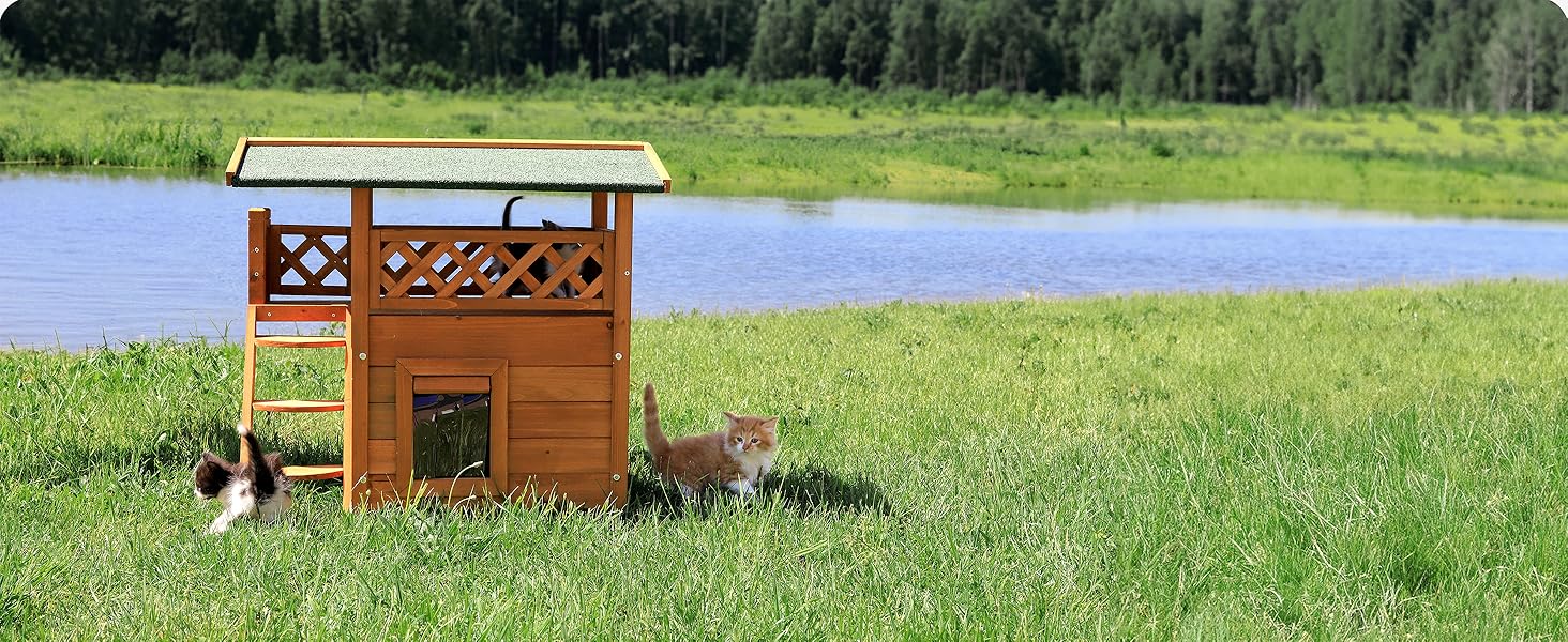 Кішковий будиночок Lionto з терасою та сходами, вуличний, сірий/білий, 77x50x73 см