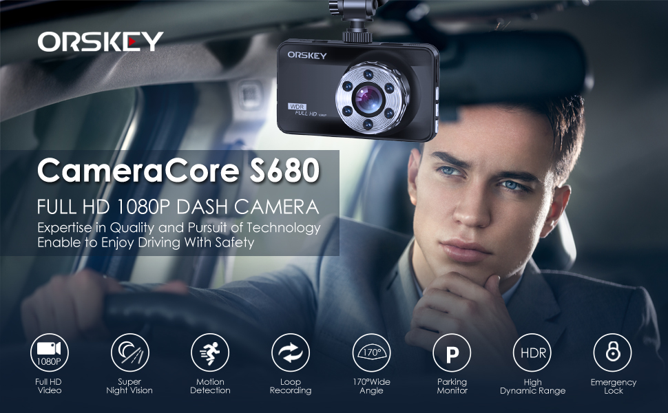 Відеореєстратор ORSKEY Dashcam Auto 1080P Full HD з двома об'єктивами для автомобіля, 170° кут огляду, циклічна запис, G-сенсор, LCD-екран