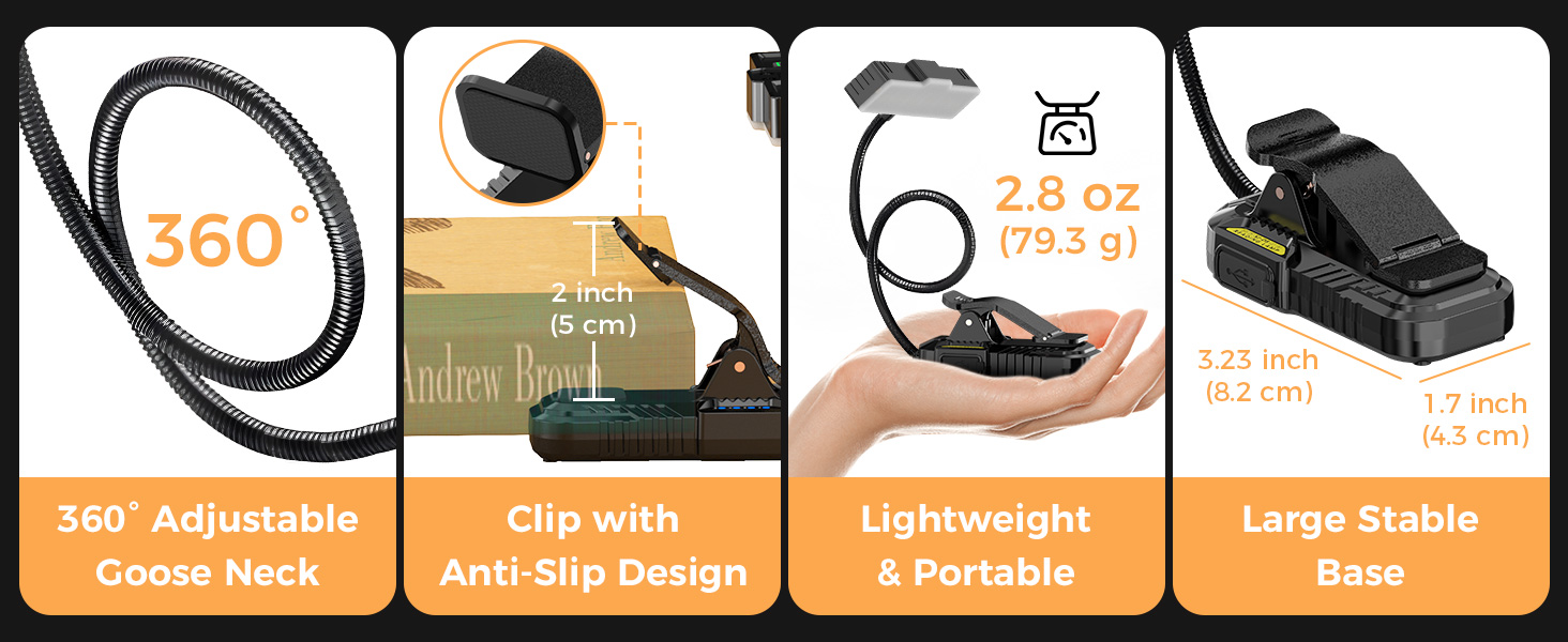 Ліхтарик для читання Smiling Shark LED, USB, 1200 mAh, 3 режими кольору, 6 режимів яскравості, гнучкий, з кліпсою та датчиком, індикатор батареї