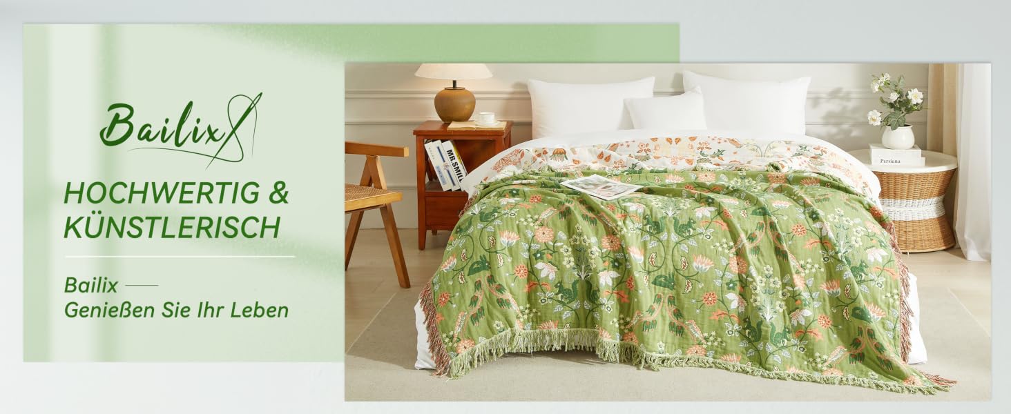 Покривало Bailix Premium Boho з 100% бавовни муслін, двосторонній плед з китицями для дивана та ліжка, 200x230 см, колір волого-зелений