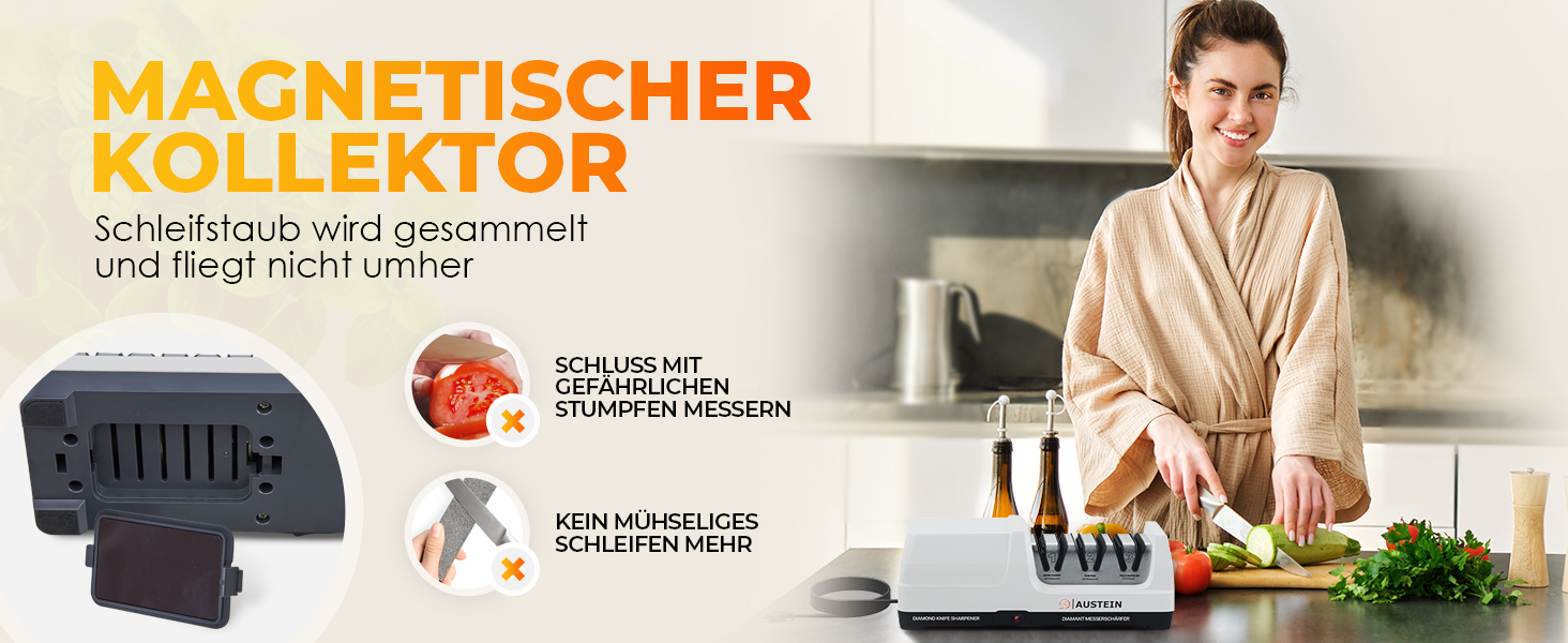 Електричний точило для ножів AUSTEIN® Diamant TG2202 - 3 фази, 20 градусів, з магнітним збором стружки