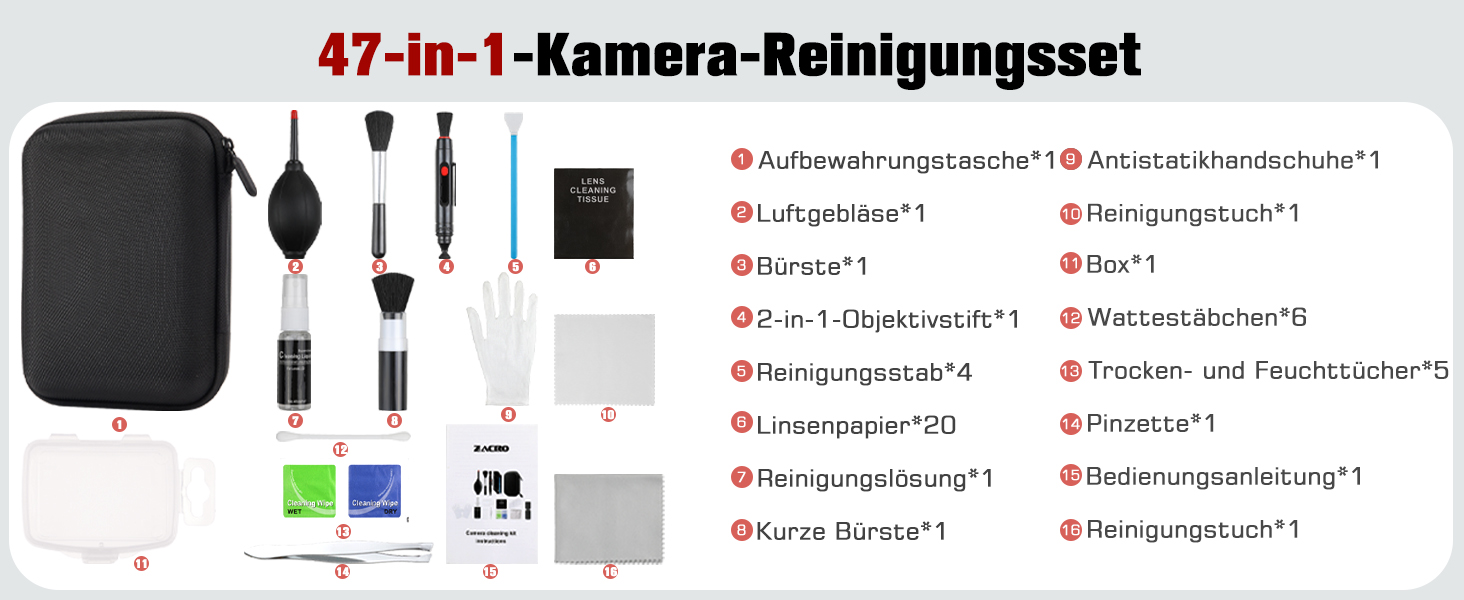 Набір для чищення камери: 14 шт. для об'єктивів DSLR, мобільних телефонів, лінз, фільтрів. Ракета-дувачка, Lenspen, пензлик, мікрофібра, щітка для об'єктивів
