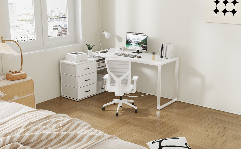 TriumphKey L-Shaped Desk with 3 Drawers & Storage, 140 x 105 x 75 cm - Reversible Corner Desk with USB Charging Ports & Power Outlets, White