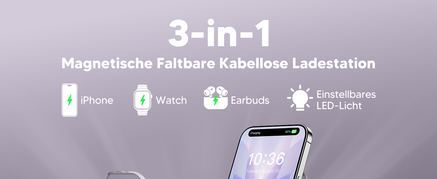 Зарядний пристрій MagSafe 3-в-1 для Apple Watch та iPhone: фіолетовий колір. Підходить для iPhone 17, 16, 15, 14, 13, 12 Pro Max/Air/Plus/Pro та Apple Watch 10/9, Airpods 3/2/Pro