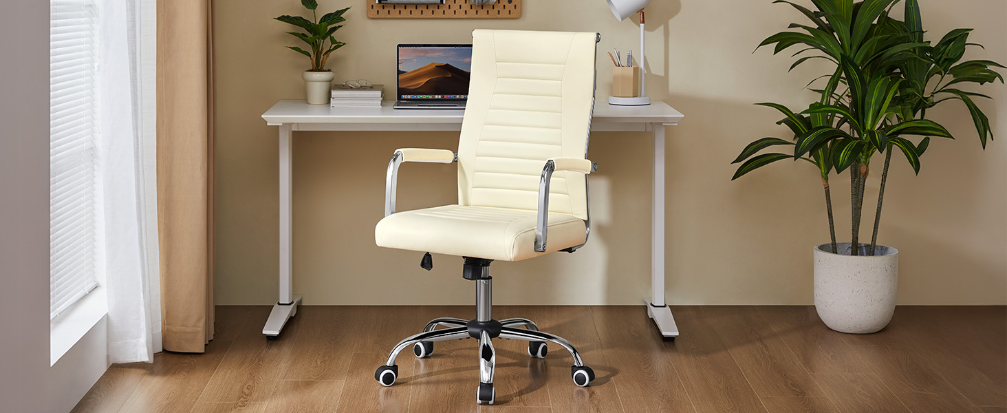 Офісне крісло Yaheetech з підлокітниками, ергономічне, для офісу, комп'ютерне, для начальника, висока спинка, з функцією гойдання, до 136 кг, бежеве