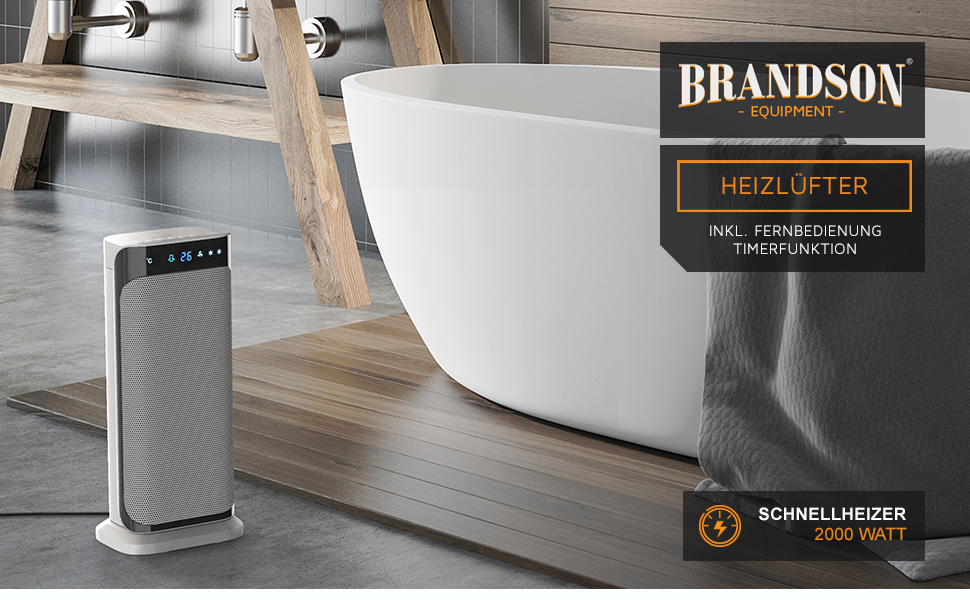 Електричний обігрівач Brandson з пультом керування, керамічний, для ванної кімнати, енергозберігаючий, тихий, з осциляцією, 2 режими нагріву, таймер, сертифікат GS