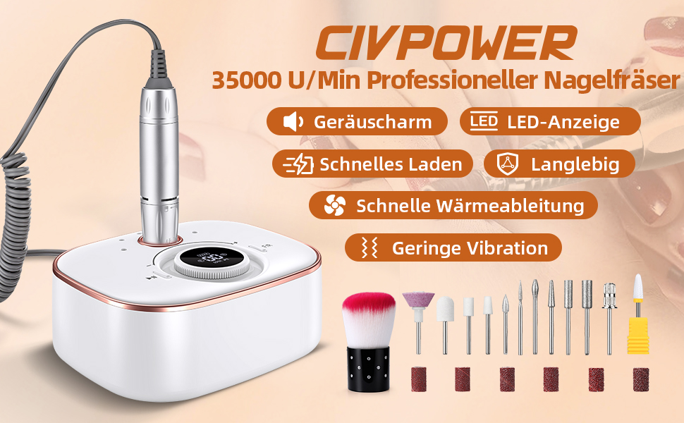 CIVPOWER Набір для манікюру та педикюру: професійний електричний фрезер для нігтів з акумулятором 4000mAh, 13 насадок
