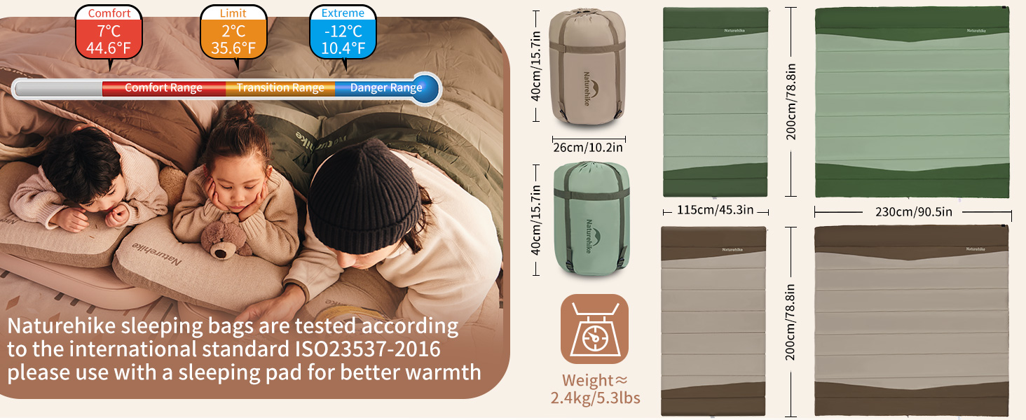 Спальний мішок Naturehike YC для 2 осіб, 3-4 сезони, для дорослих та дітей, зелений