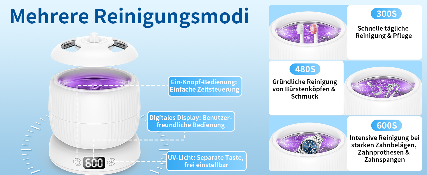 Ультразвуковий очищувач для зубних протезів, кап, брекетів та ювелірних виробів 200 мл, 45000 Гц, з УФ-лампою