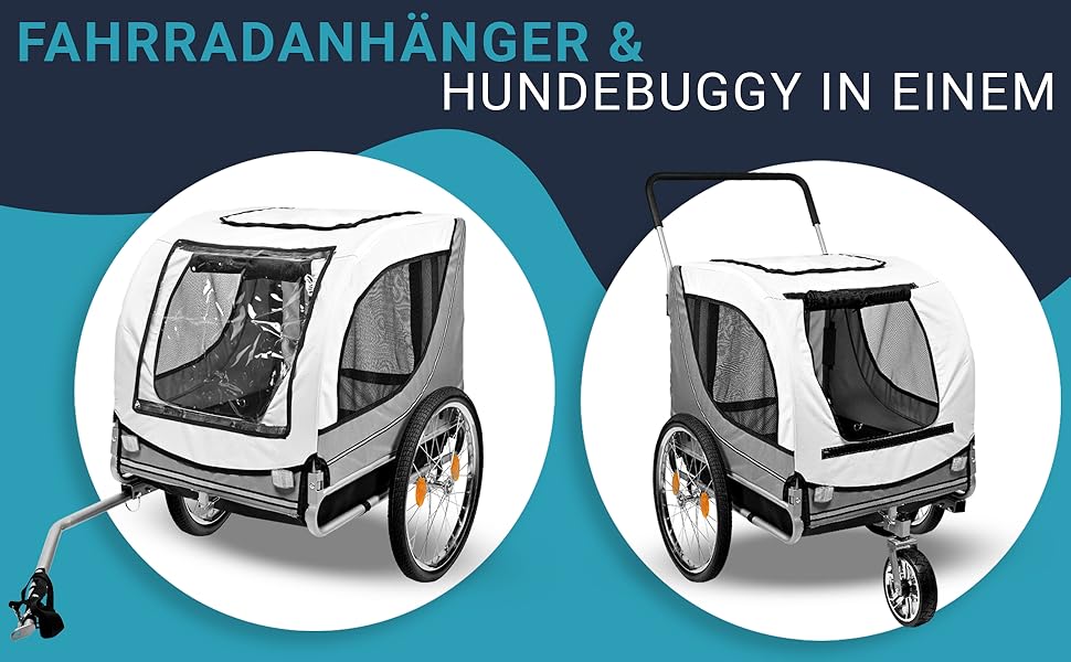 2-в-1: велосипедний причіп та візок для собак - для малих та великих собак до 40 кг. З безпечним ременем, відбивачами, дощем та прапором.