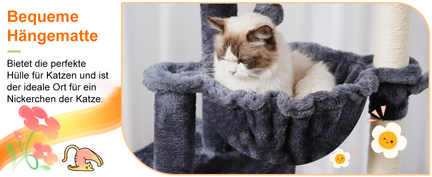 Кігтеточка-кімнатний комплекс Heybly Kratzbaum 100см з платформою, гротою, 2 гамаками та іграшками. Колір: сірий. Модель: HCT006SG