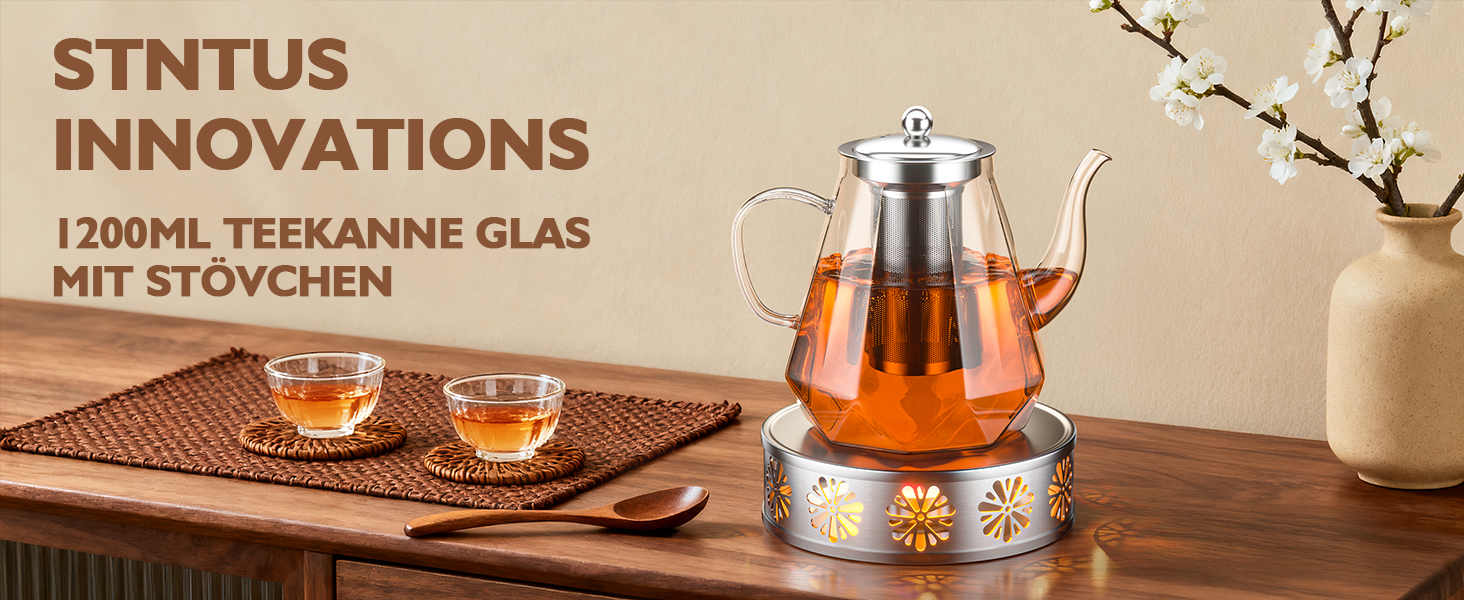 Скляний чайник STNTUS з підігрівачем та ситечком для листового чаю, 1.2 л, нержавіюча сталь
