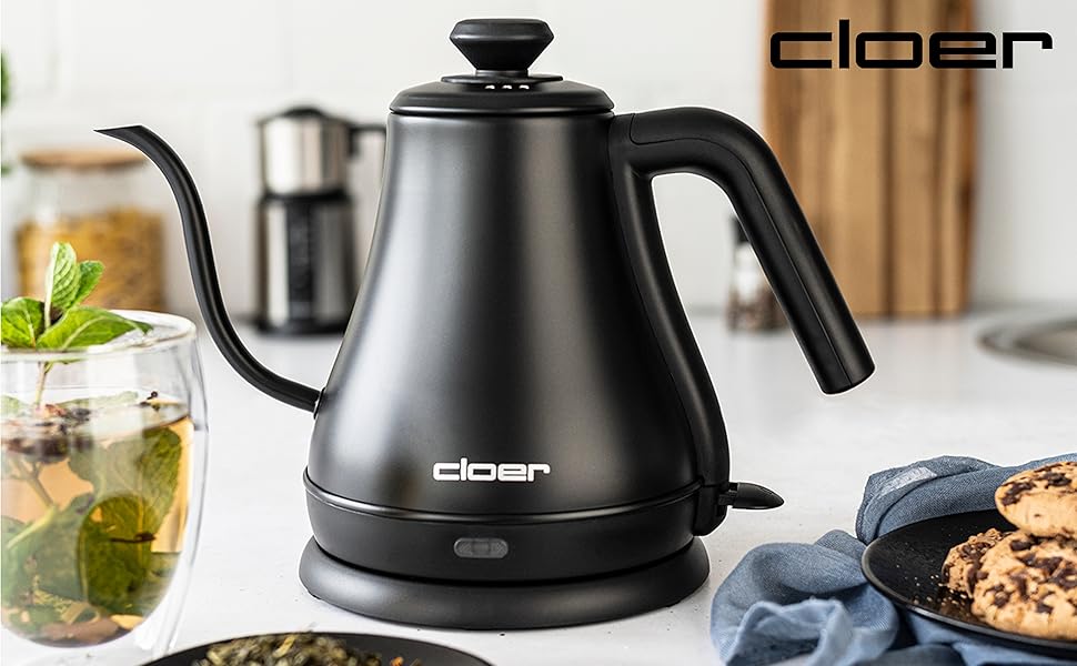Електричний чайник Cloer 4960 з гусячим носиком, 0.8 л, нержавіюча сталь, чорний, 1000 Вт