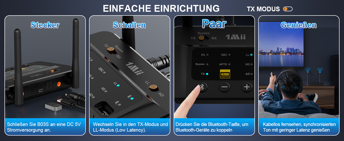 Bluetooth 5.3 трансмітер та ресивер 1Mii B03S для телевізора та стереосистеми