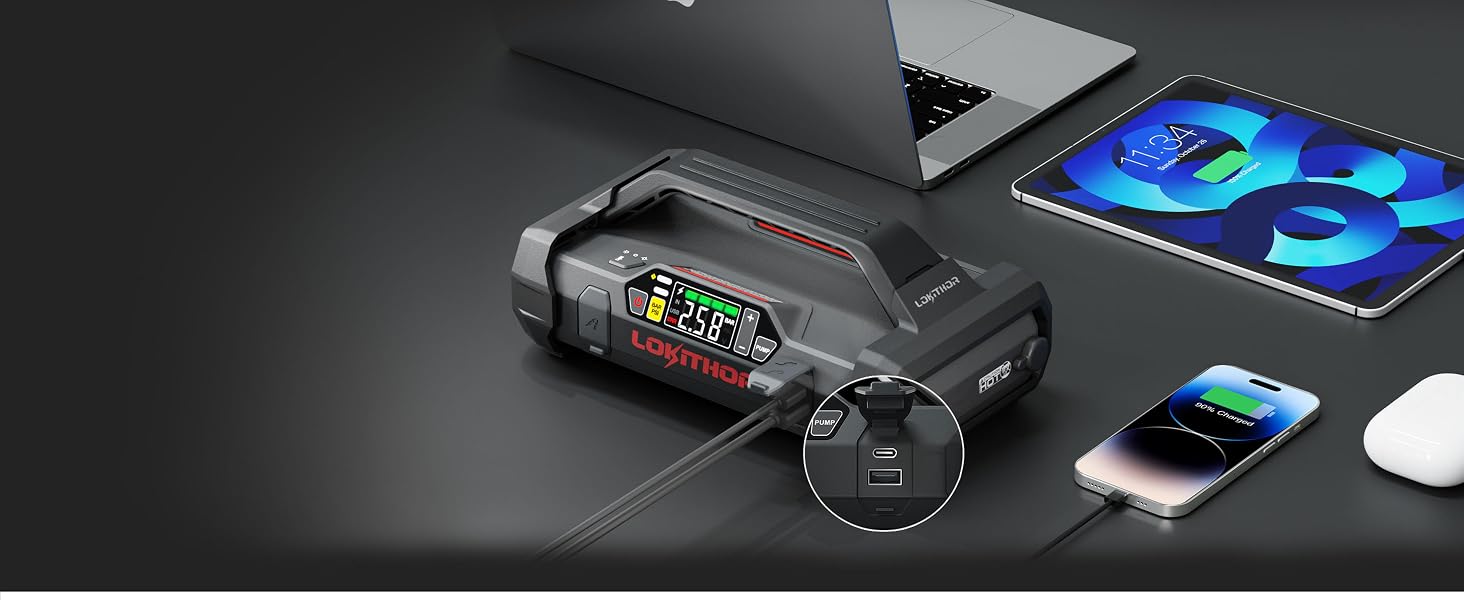 Бустер-стартер LOKITHOR JA300 з компресором 150 PSI та Powerbank 1500A для автомобіля