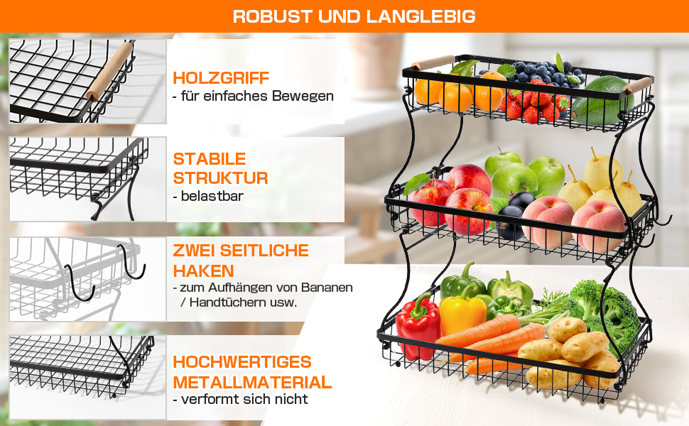 Металева фруктова корзина GMISUN з 3 ярусами та підставкою для бананів, чорна, сучасний дизайн. Підходить для зберігання фруктів, овочів та закусок. Велика місткість, 3 яруси.