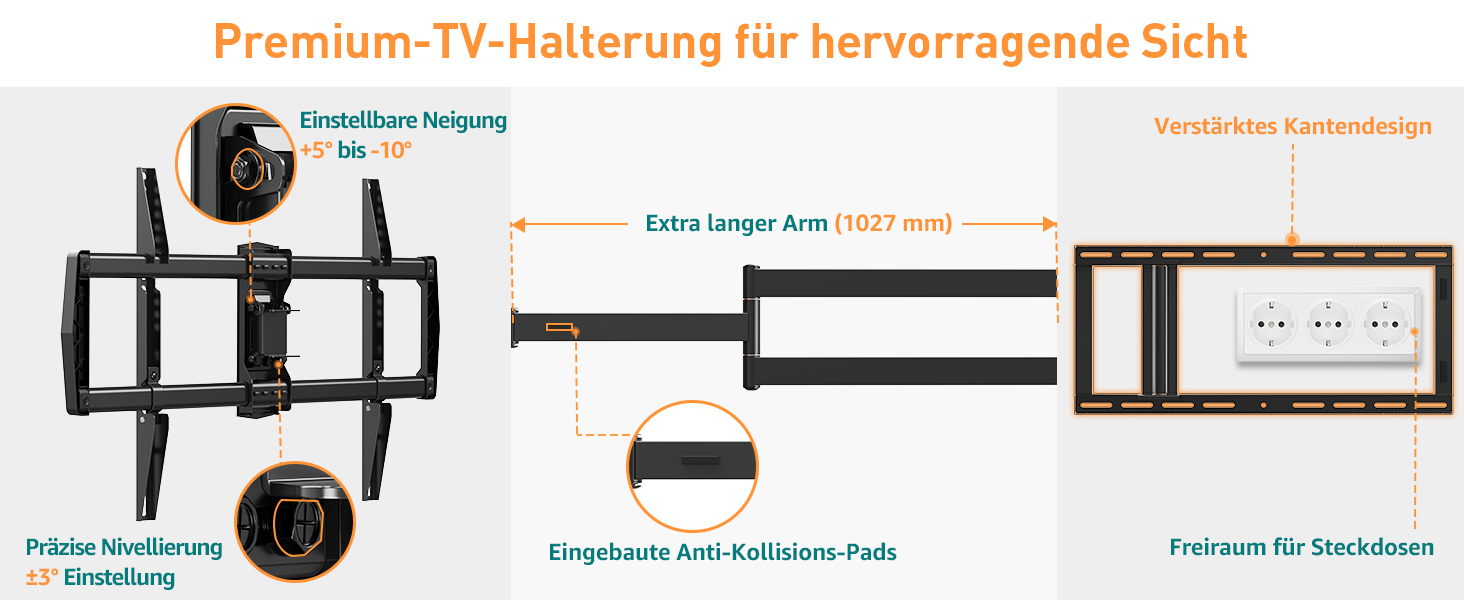Кронштейн для телевізора ELIVED з подовженим плечем 102.7 см для 42-90 дюймів (до 68 кг), поворотний, з кутом нахилу, VESA 800x400