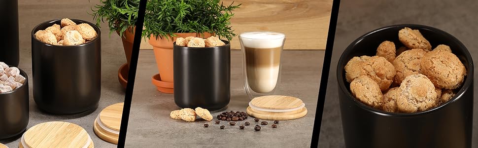 Керамічна банка Moritz & Moritz 600 мл з бамбуковою кришкою, чорна, для зберігання сипучих продуктів, кави, мюслі або ванних аксесуарів, з можливістю підпису
