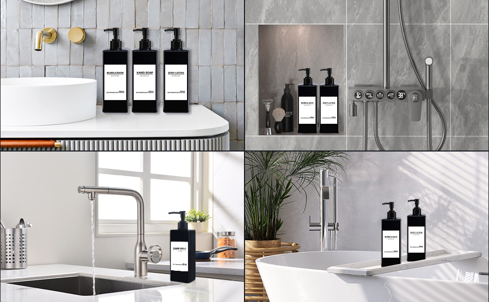 Набір дозаторів для мила Roselee (4 шт.), 500 мл, чорний. Дозатори для душу, шампуню, мила. Пластикові дозатори з воронкою та вологостійкими етикетками для кухні, ванної кімнати.