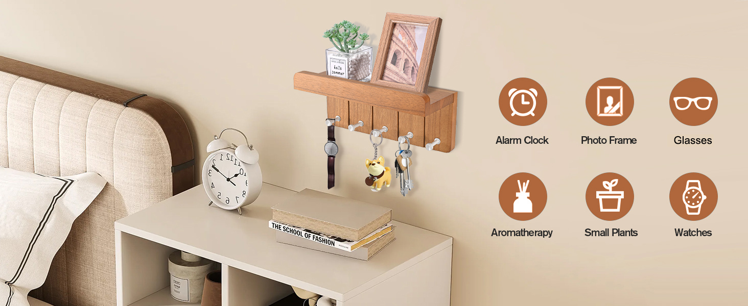 Дерев'яне ключниця з полицею, 5 гачків, для прихожей, кухні, спальні (колір: коричневий)