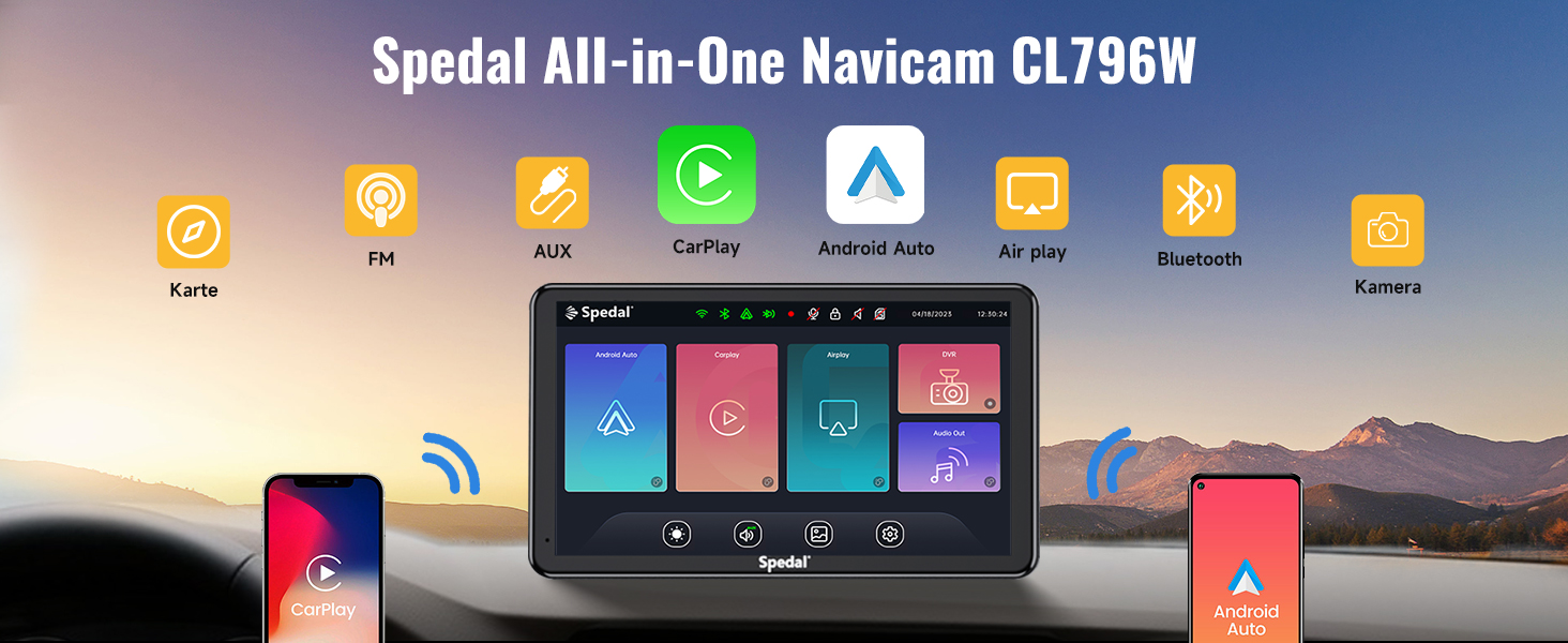 Бездротовий автомобільний мультимедійний центр Spedal NaviCam 796W з Apple CarPlay, Android Auto, зовнішньою камерою, Bluetooth, Wi-Fi, AirPlay, AUX та FM-трансмітером