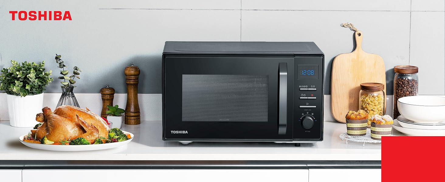 Мікрохвильова піч Toshiba 4-в-1 Freistehend MW2-AC25TF(BK) з конвекцією, грилем та комбінованою функцією, 25л, 900W, 1100W (гриль), 2100W (конвекція), емальоване покриття, пам'ять позиції обертового столу, чорний колір
