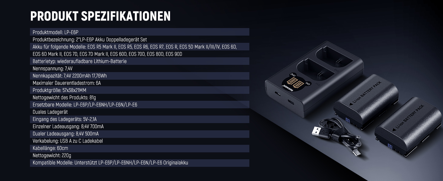 NEEWER Запасний акумулятор LP-E6NH та зарядний пристрій USB, комплект 3 шт. 2250mAh, сумісний з Canon EOS R7, R5, R6, R6 II, R, 5DIV, 6DII, 7DII, 80D, 90D