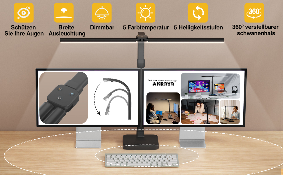 Tantu Adjustable LED Desk Lamp with Dual Heads - 24W, 80cm, 5 Color & 5 Brightness Levels, Gooseneck & Base - Black Office Lamp