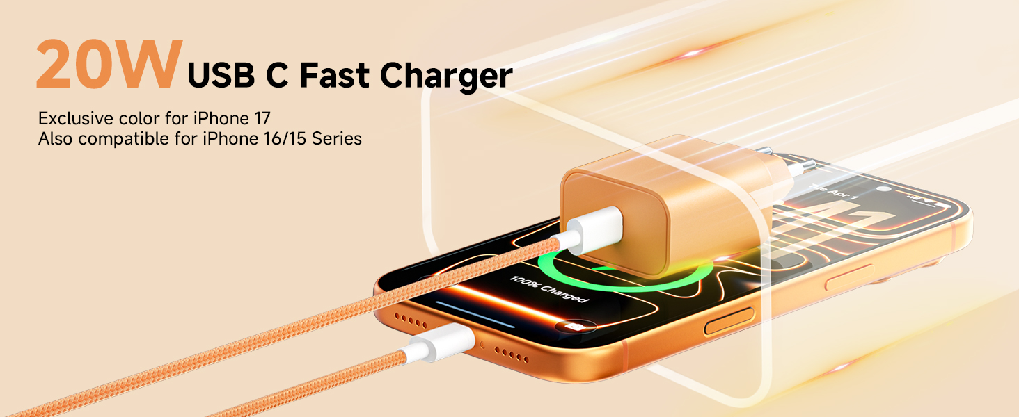 2x USB-C зарядний пристрій 20W + кабель USB-C 2м для iPhone 17/16/15, iPad Pro/Air - Помаранчевий