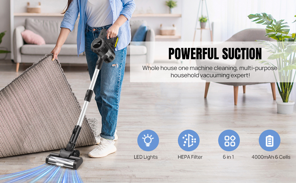 Бездротовий акумуляторний пилосос з антизаплутаною насадкою, фільтрація 99,999%, для будь-яких поверхонь, сірий колір, 2 акумулятори