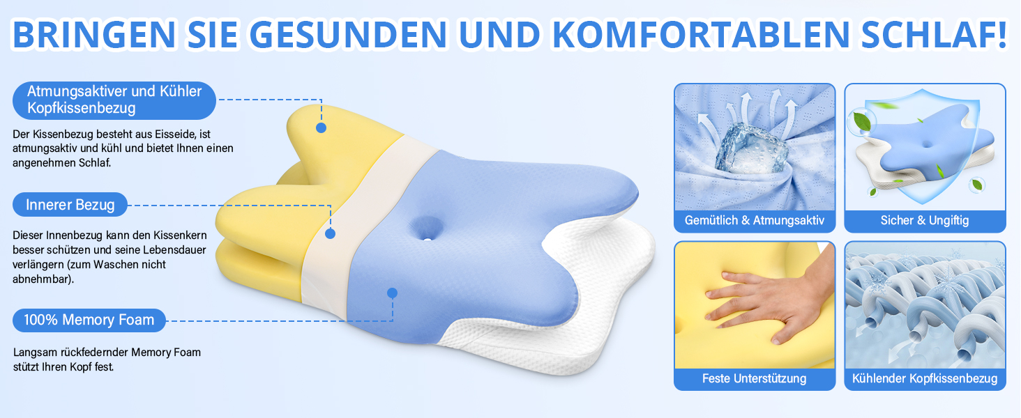 Подушка для шиї Ehomfory з Memory Foam, ергономічна для сну на боці, спині та животі, 67x37x9/12 см (Синя)