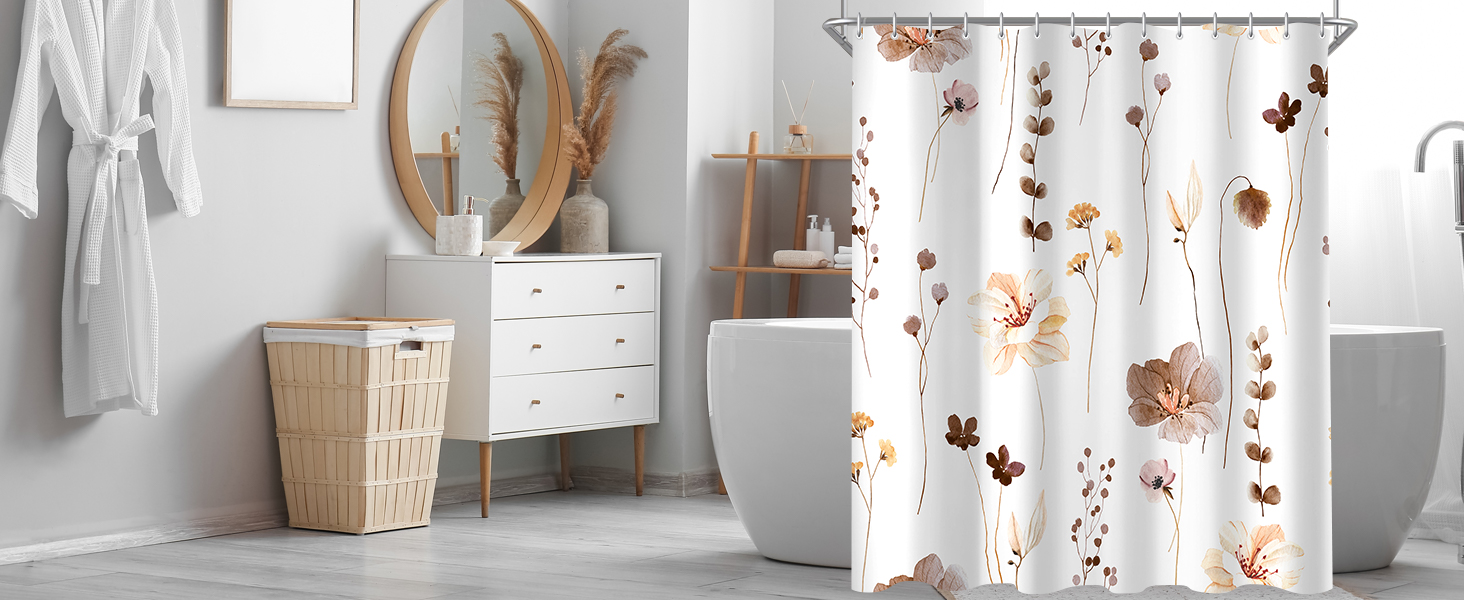 Штора для душу 240x200 см коричнева з квітами, антигрибкова, водовідштовхувальна, поліестер, з кільцями для ванної кімнати