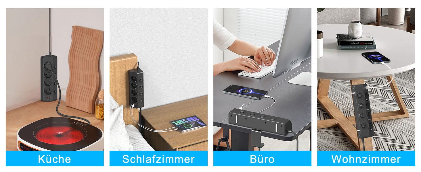 Мережевий адаптер PD 20W з плоским штеплером, розетка FDTEK 4-портова з індивідуальним вимикачем, 4000W, 16A, USB-C, розетка для столу з вимикачем, настільна розетка з кріпленням на стіну, кабель 2м (Чорний з кріпильною пластиною)