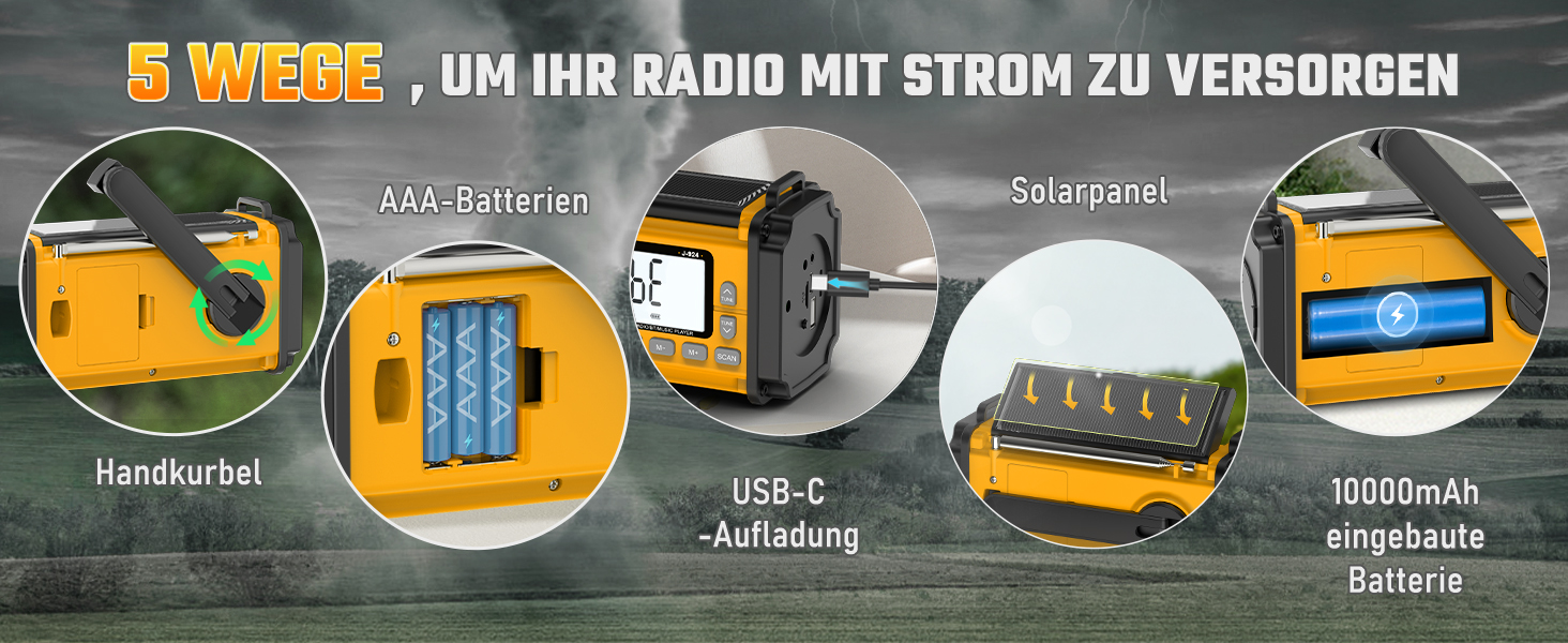 Радіоприймач PRUNUS J-924D: DAB+/UKW, радіо з ручкою, акумулятор 10000mAh, Bluetooth, ліхтарик, SOS, зарядка для телефону (зелений/жовтий)
