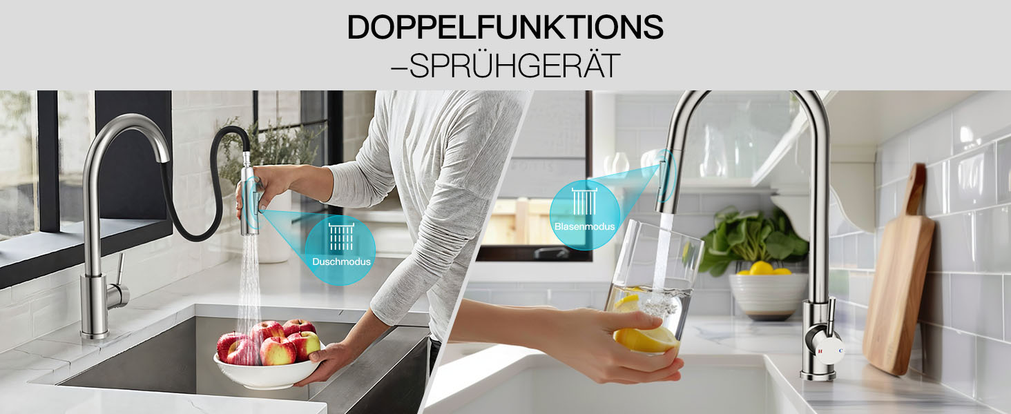 Кран кухонний Rainsworth з висувною лійкою та душем, 360° поворот, нержавіюча сталь, висота 56 см