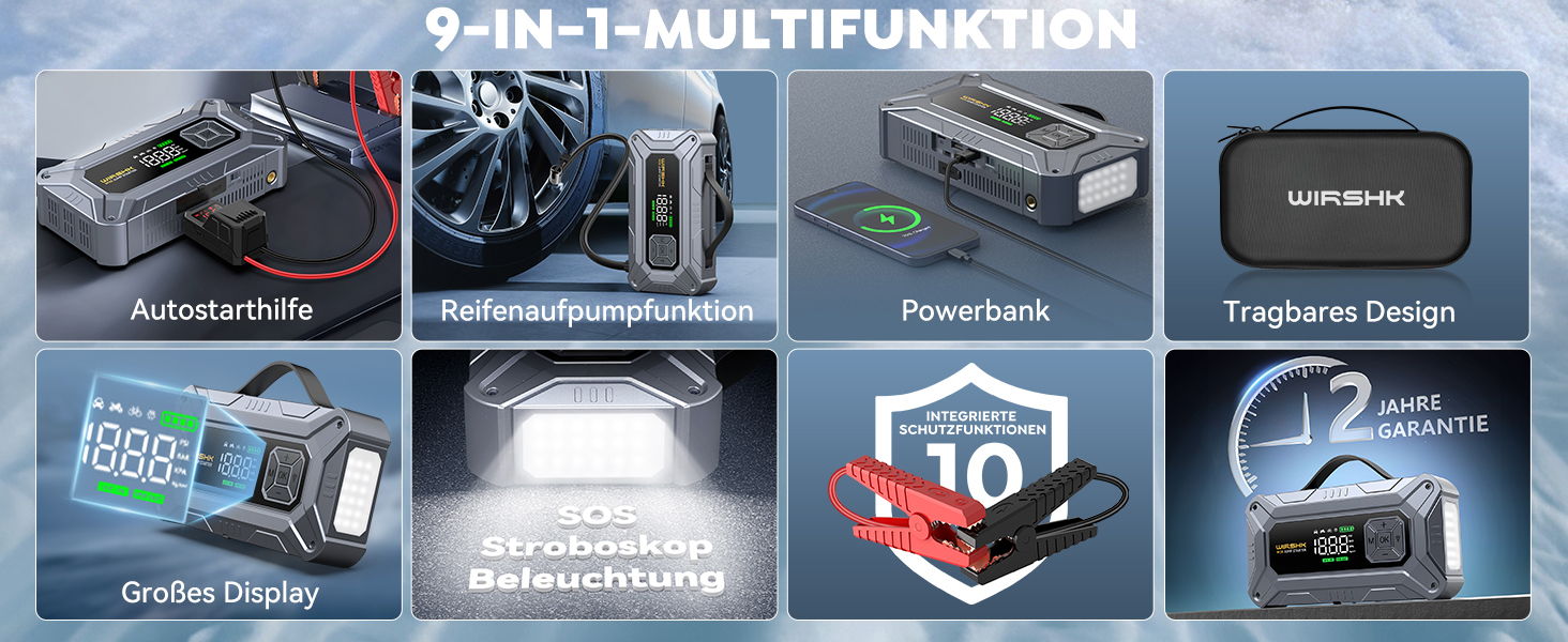 Портативний пусковий пристрій 8000A з повітряним компресором 160 PSI для бензинових та дизельних двигунів (до 10 л), з дисплеєм та аварійною світлодіодною лампою