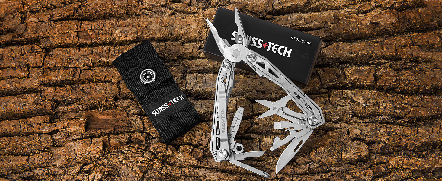 Мультитул Swiss+Tech 16 в 1: мультифункціональний інструмент з нержавіючої сталі з ножем, відкривачкою та кліпсою для ременя. Ідеально для кемпінгу та ремонту. З чохлом (Срібний)