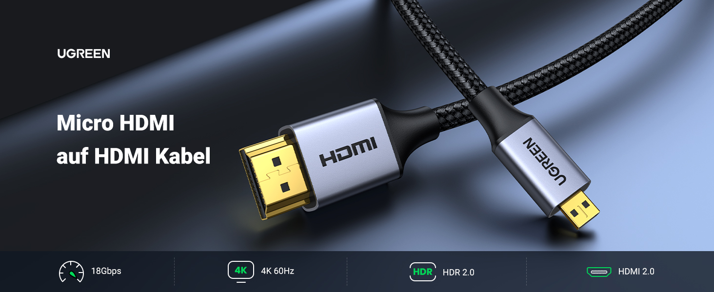 Кабель Micro HDMI - HDMI UGREEN 4K 2.0 з Ethernet, 1 м, 1080P, HDR, ARC, сумісний з Raspberry Pi