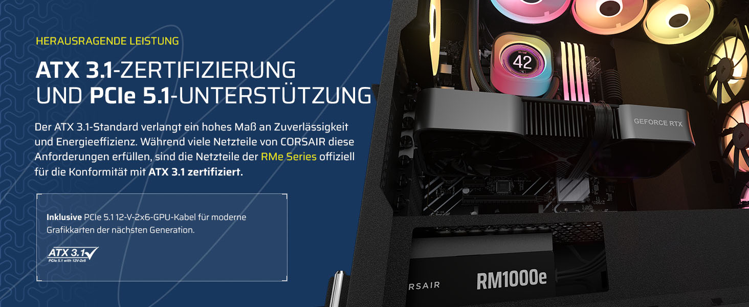 Блок живлення Corsair RM1000e (2025) 1000W ATX 3.1 PCIe 5.1, повністю модульний, 12V-2x6, Cybenetics Gold, чорний