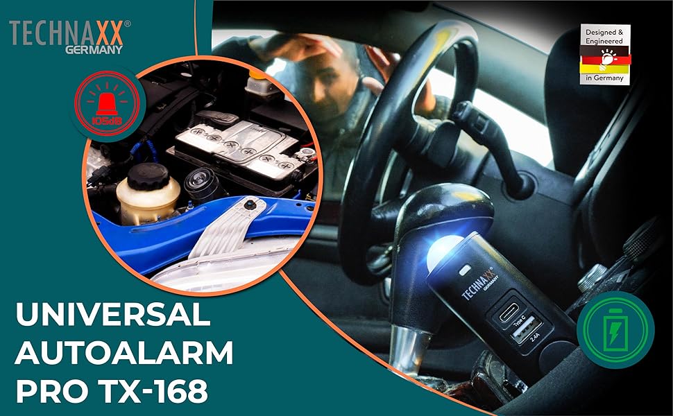 Сигналізація Technaxx TX-168 для авто, будинку, човна – 105 дБ, зовнішня сирена, кнопка тривоги, PIR-датчик руху, 2 USB, автономна робота 7 днів, легкий монтаж