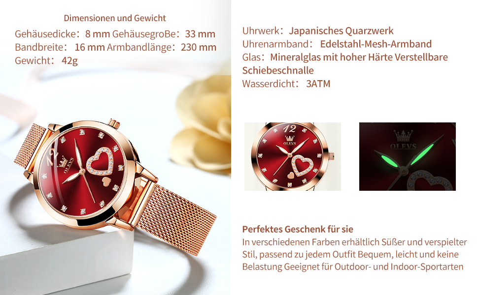 Годинник жіночий OLEVS Roségold: стильні годинники з нержавіючої сталі з мережевим ремінцем, ультратонкі, з діамантовим сердечком, водостійкі, рожеве золото